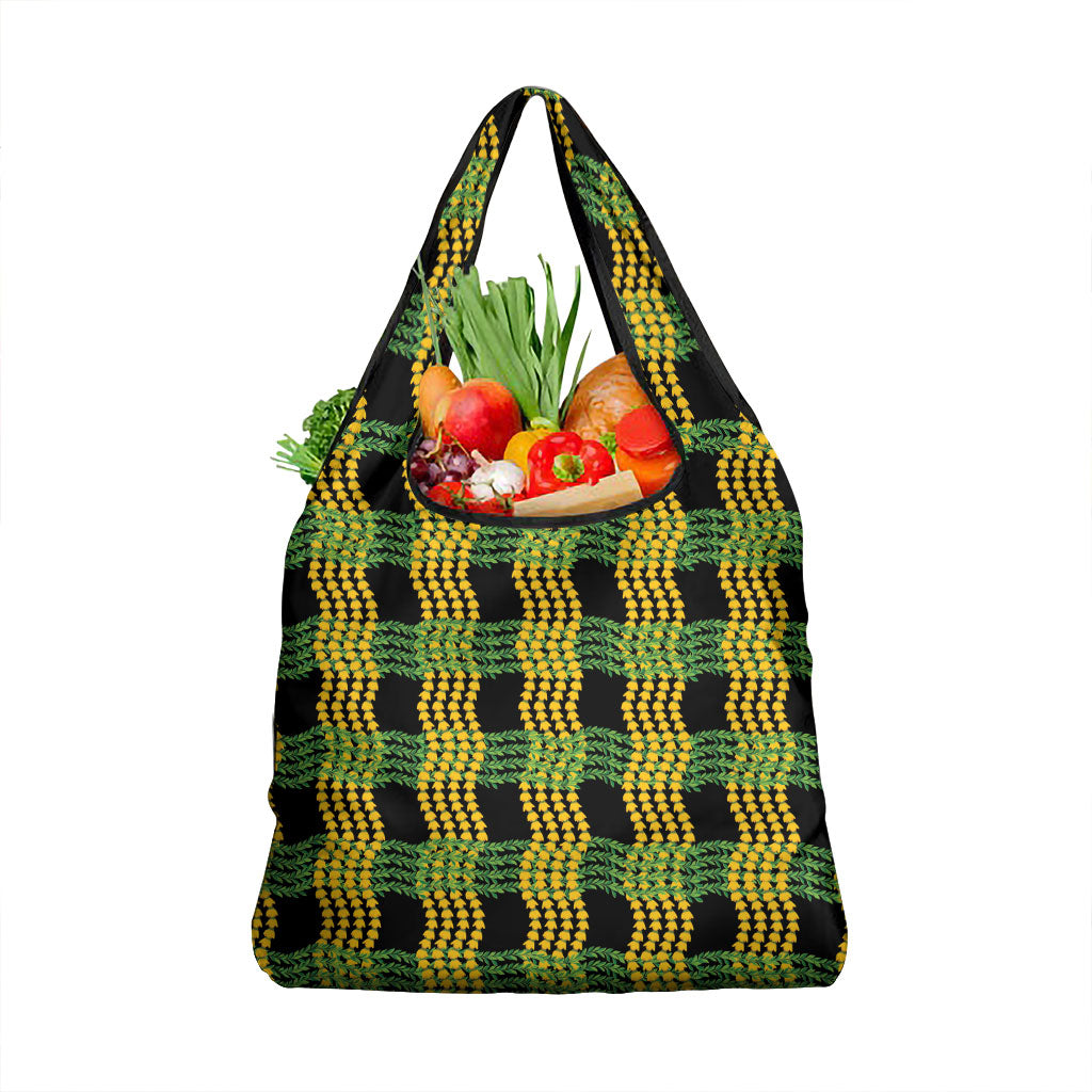 Aloha Hawaii Ilima Maile Lei Grocery Bag Palaka Inspired Hawaiian-plaid Black