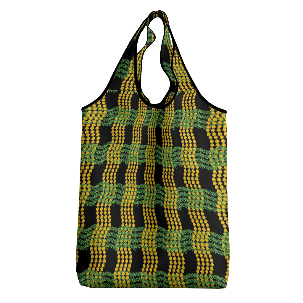 Aloha Hawaii Ilima Maile Lei Grocery Bag Palaka Inspired Hawaiian-plaid Black