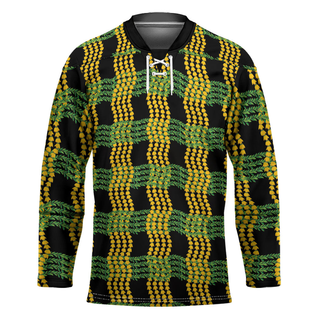 Aloha Hawaii Ilima Maile Lei Hockey Jersey Palaka Inspired Hawaiian-plaid Black