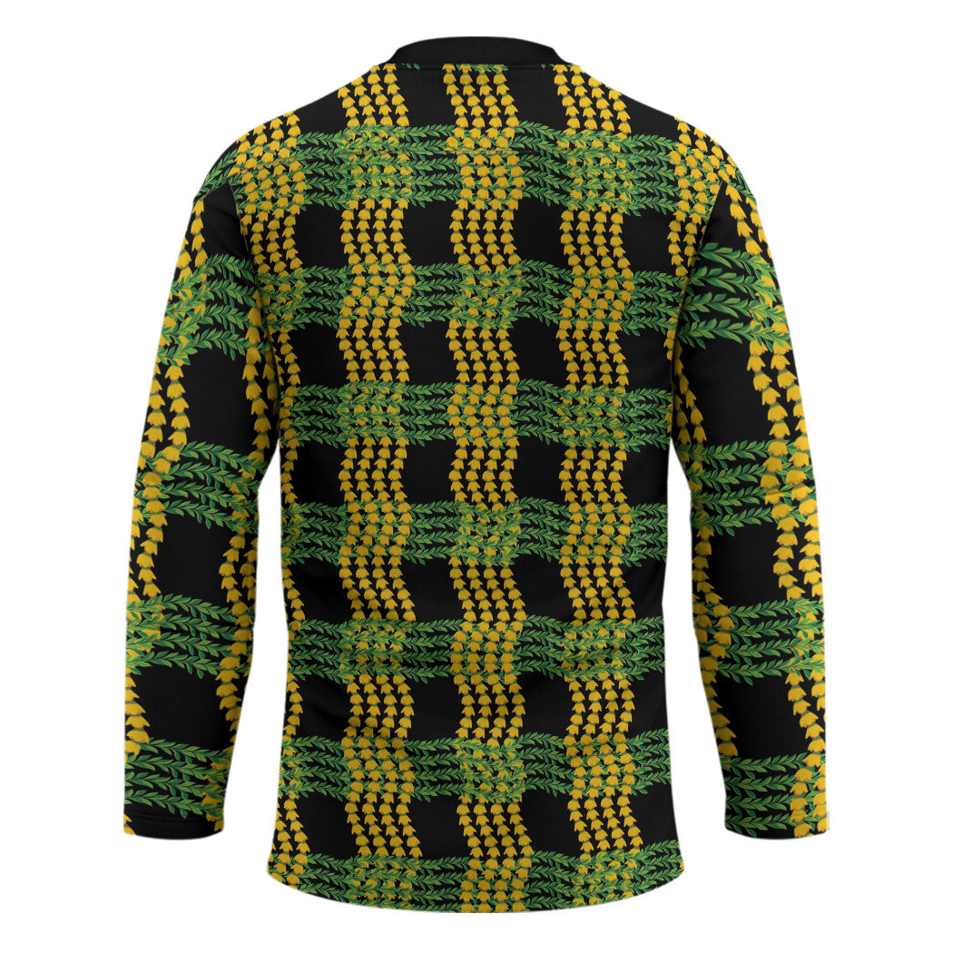 Aloha Hawaii Ilima Maile Lei Hockey Jersey Palaka Inspired Hawaiian-plaid Black