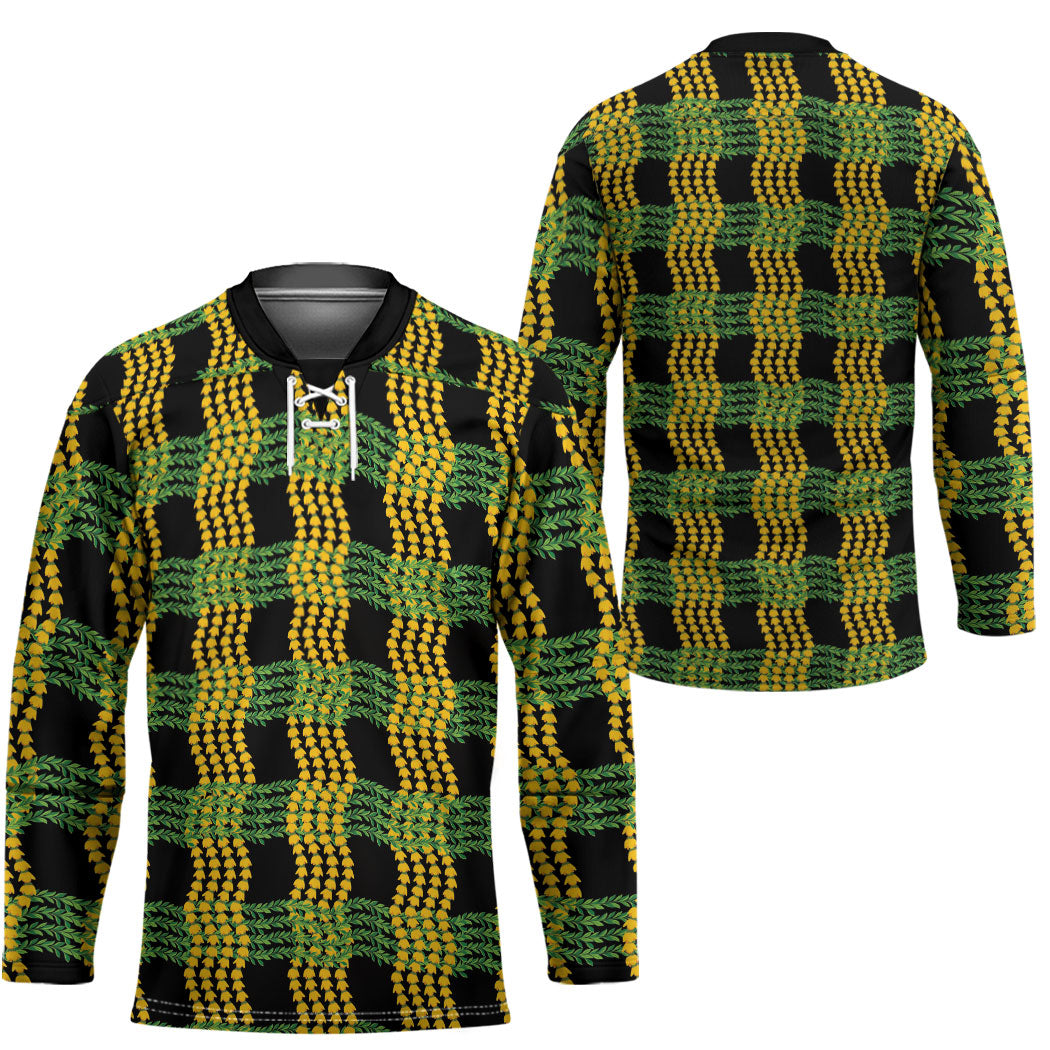 Aloha Hawaii Ilima Maile Lei Hockey Jersey Palaka Inspired Hawaiian-plaid Black
