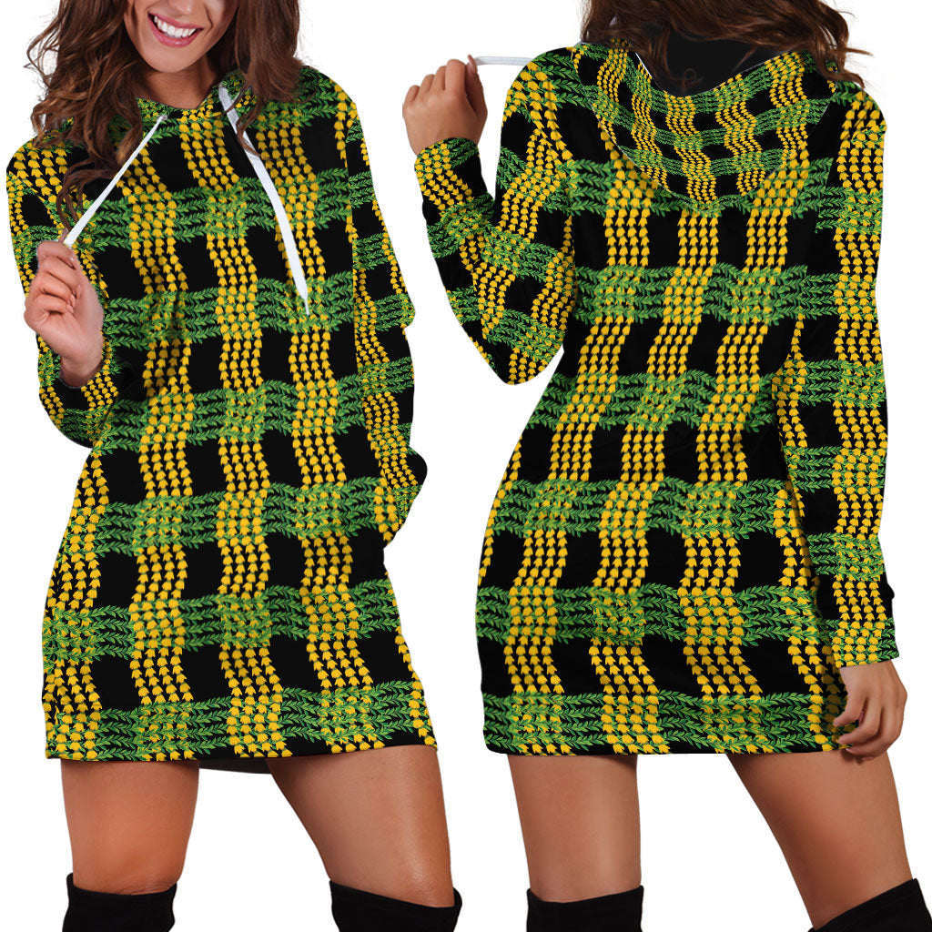 Aloha Hawaii Ilima Maile Lei Hoodie Dress Palaka Inspired Hawaiian-plaid Black