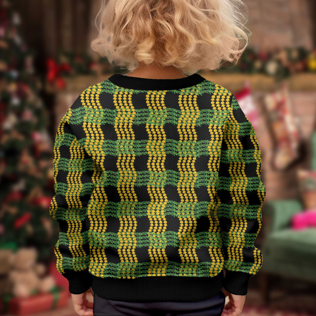 Aloha Hawaii Ilima Maile Lei Kid Ugly Christmas Sweater Palaka Inspired Hawaiian-plaid Black