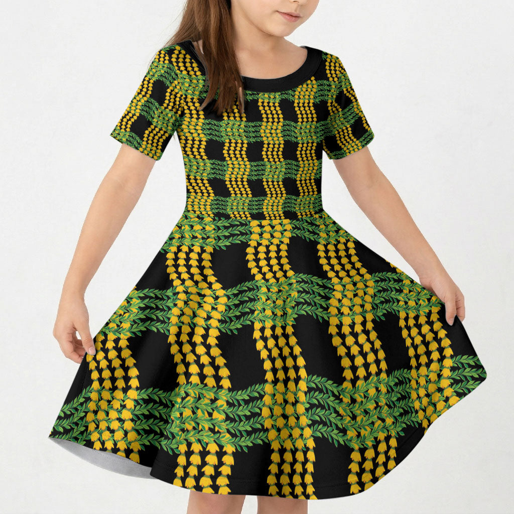 Aloha Hawaii Ilima Maile Lei Kid Short Sleeve Dress Palaka Inspired Hawaiian-plaid Black