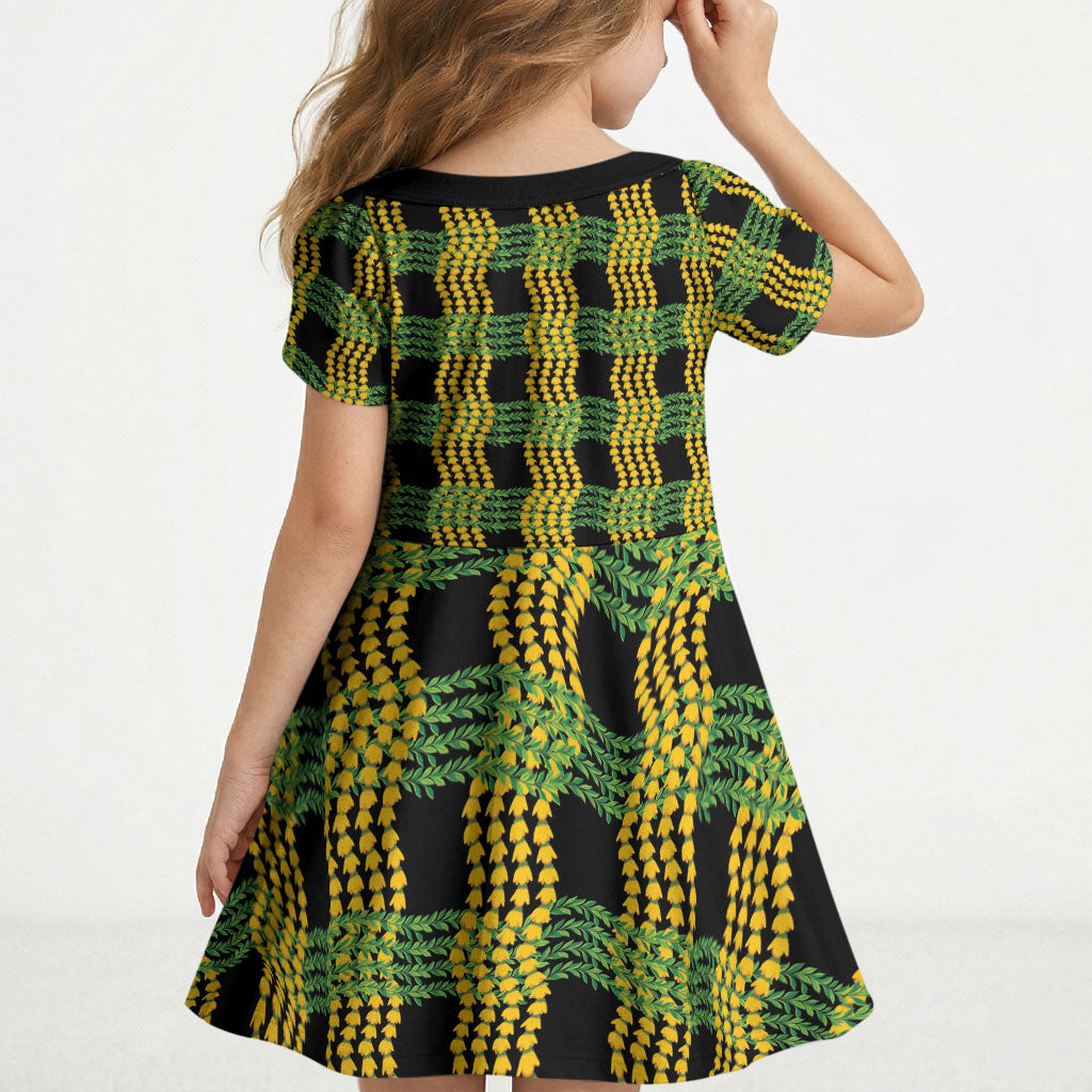 Aloha Hawaii Ilima Maile Lei Kid Short Sleeve Dress Palaka Inspired Hawaiian-plaid Black
