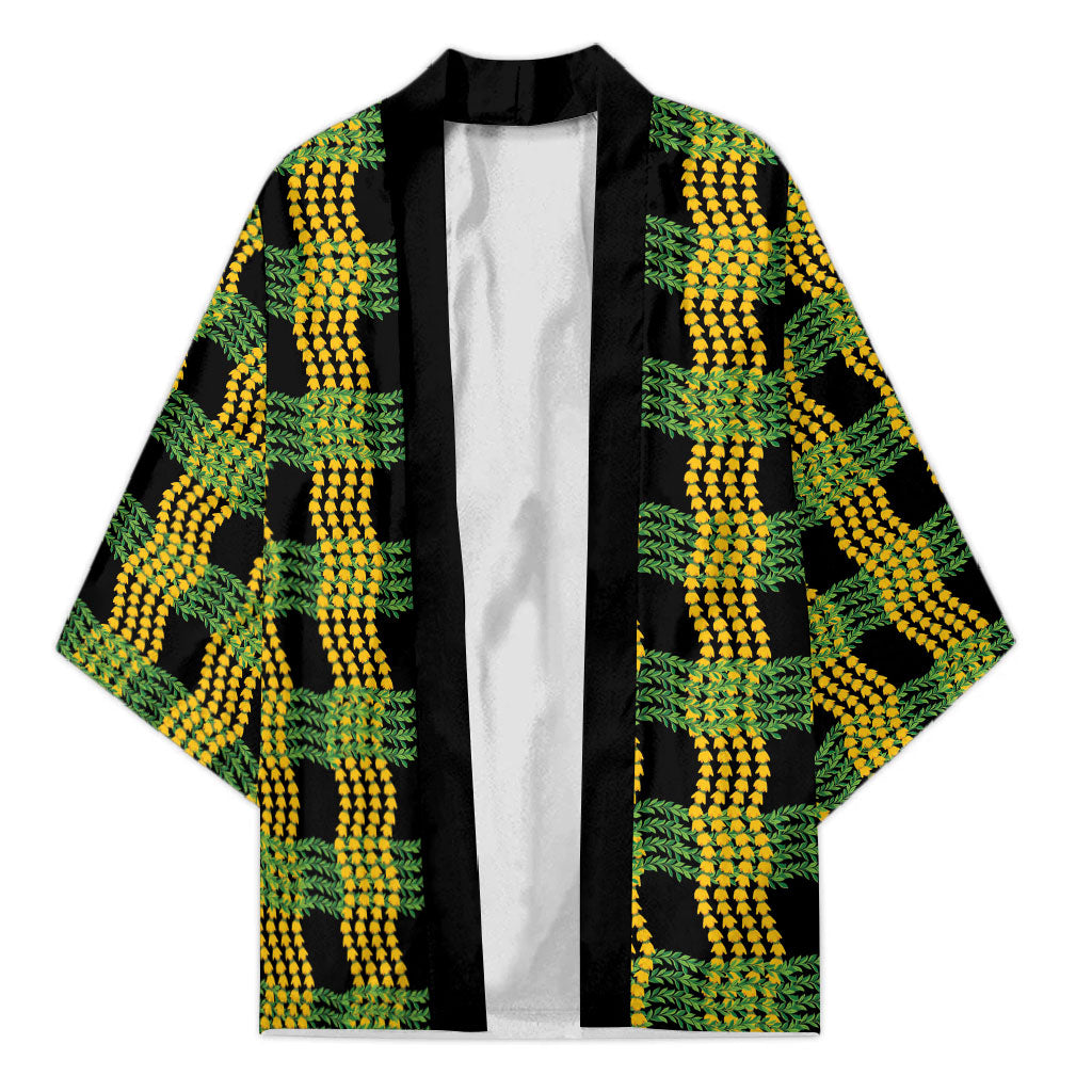 Aloha Hawaii Ilima Maile Lei Kimono Palaka Inspired Hawaiian-plaid Black