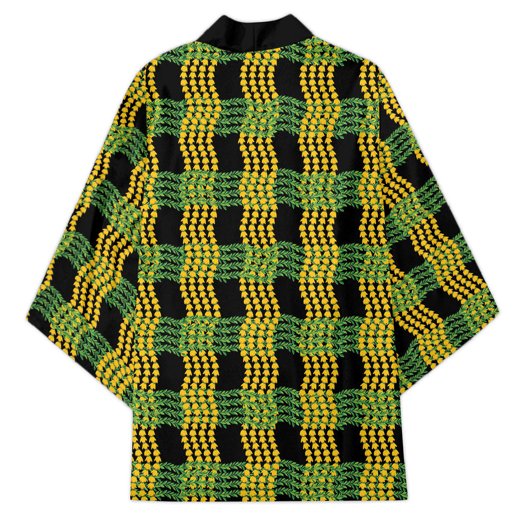 Aloha Hawaii Ilima Maile Lei Kimono Palaka Inspired Hawaiian-plaid Black