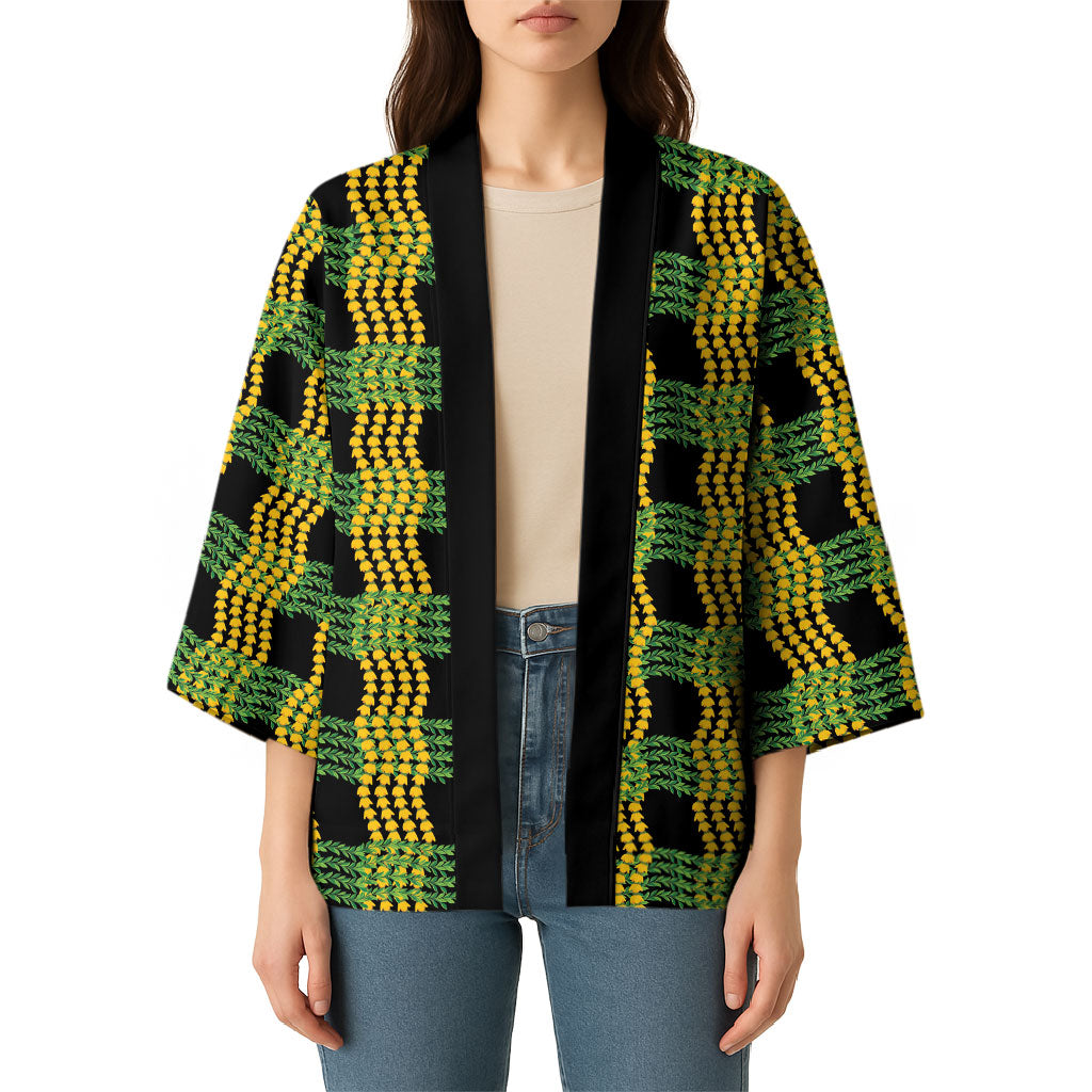 Aloha Hawaii Ilima Maile Lei Kimono Palaka Inspired Hawaiian-plaid Black