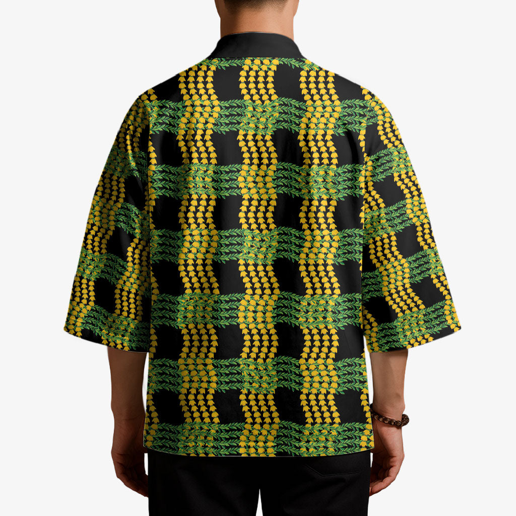 Aloha Hawaii Ilima Maile Lei Kimono Palaka Inspired Hawaiian-plaid Black