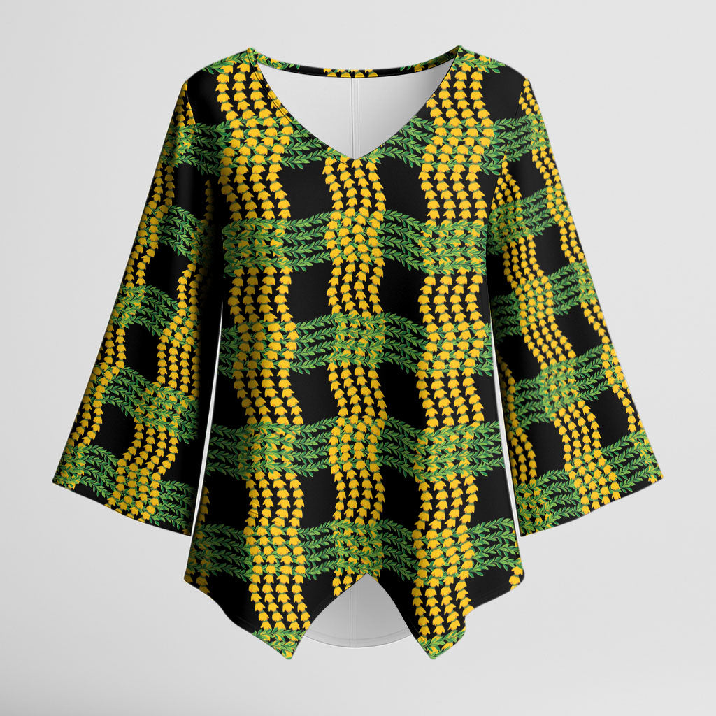 Aloha Hawaii Ilima Maile Lei Kimono Sleeve Blouse Palaka Inspired Hawaiian-plaid Black