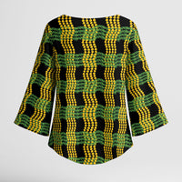 Aloha Hawaii Ilima Maile Lei Kimono Sleeve Blouse Palaka Inspired Hawaiian-plaid Black