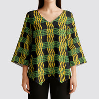 Aloha Hawaii Ilima Maile Lei Kimono Sleeve Blouse Palaka Inspired Hawaiian-plaid Black