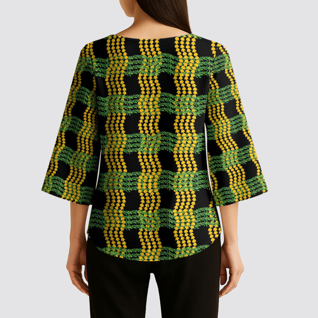 Aloha Hawaii Ilima Maile Lei Kimono Sleeve Blouse Palaka Inspired Hawaiian-plaid Black