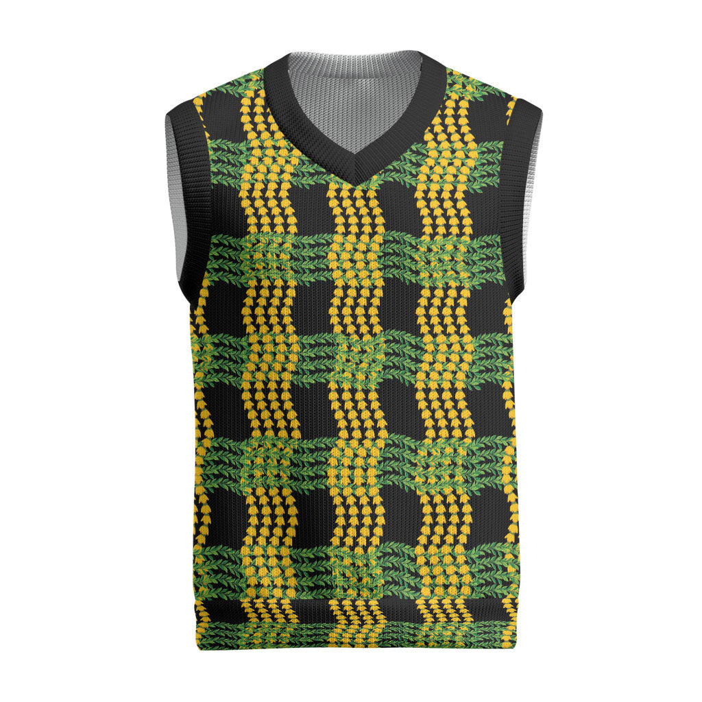 Aloha Hawaii Ilima Maile Lei Christmas Knitted V-Neck Vest Palaka Inspired Hawaiian-plaid Black