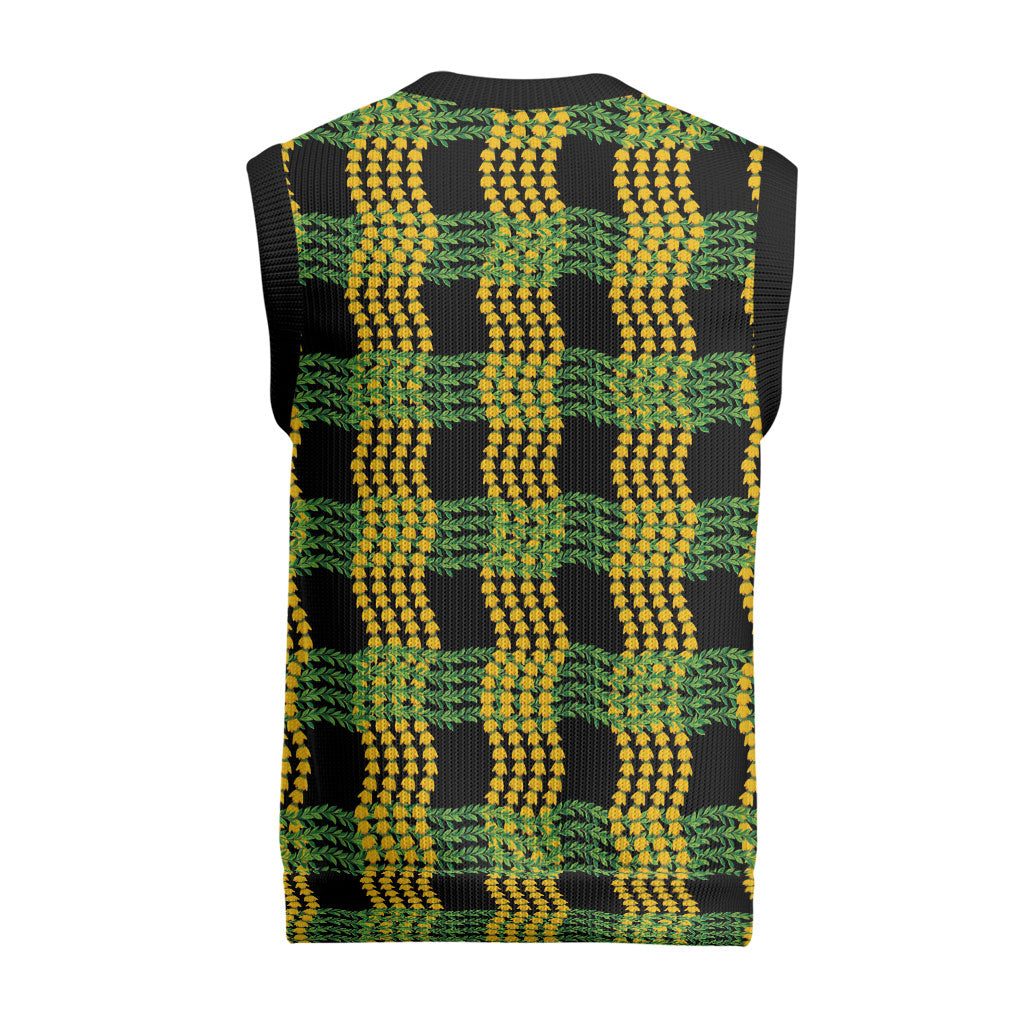 Aloha Hawaii Ilima Maile Lei Christmas Knitted V-Neck Vest Palaka Inspired Hawaiian-plaid Black