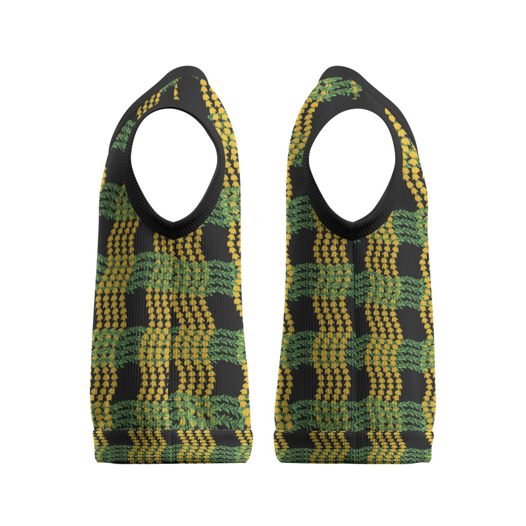 Aloha Hawaii Ilima Maile Lei Christmas Knitted V-Neck Vest Palaka Inspired Hawaiian-plaid Black