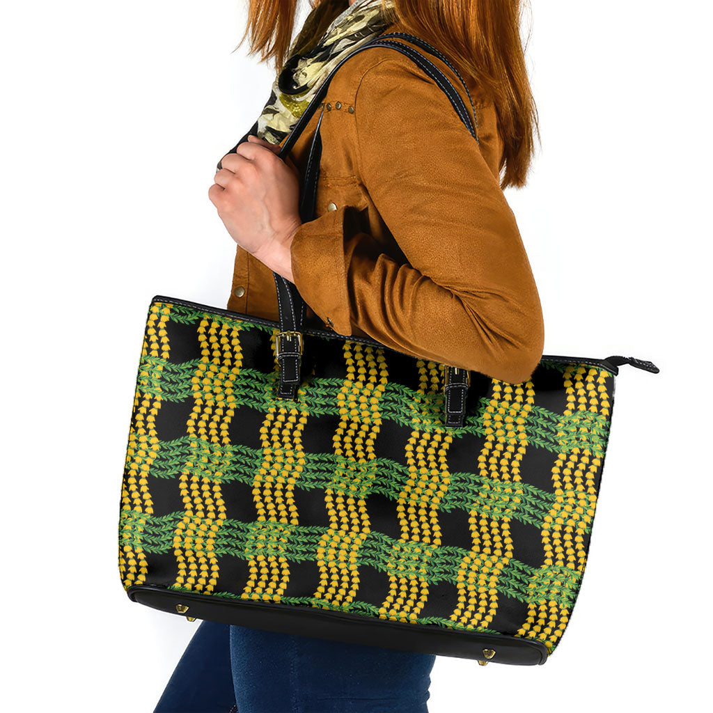 Aloha Hawaii Ilima Maile Lei Leather Tote Bag Palaka Inspired Hawaiian-plaid Black