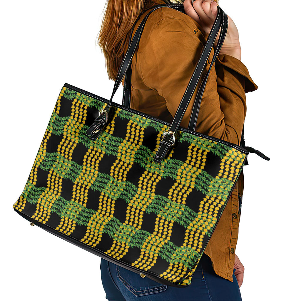 Aloha Hawaii Ilima Maile Lei Leather Tote Bag Palaka Inspired Hawaiian-plaid Black