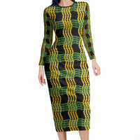 Aloha Hawaii Ilima Maile Lei Long Sleeve Bodycon Dress Palaka Inspired Hawaiian-plaid Black