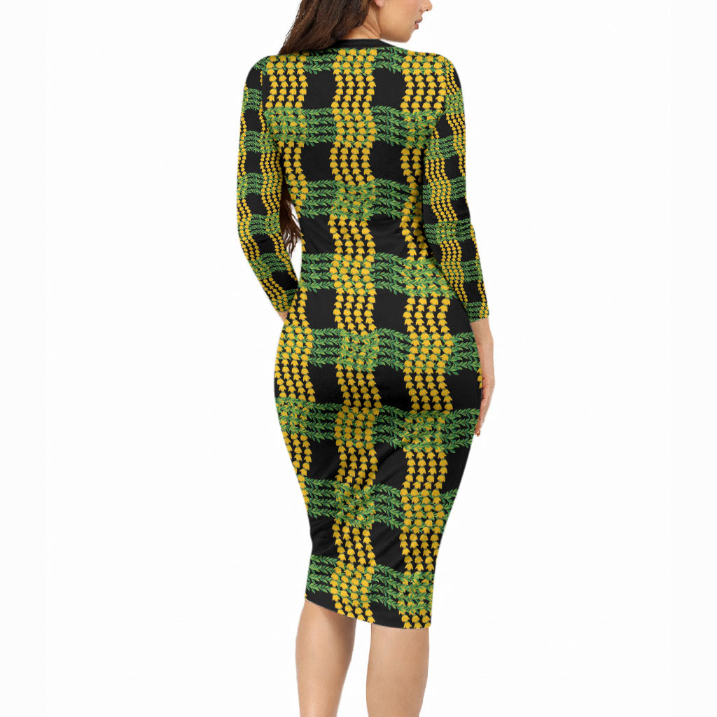 Aloha Hawaii Ilima Maile Lei Long Sleeve Bodycon Dress Palaka Inspired Hawaiian-plaid Black