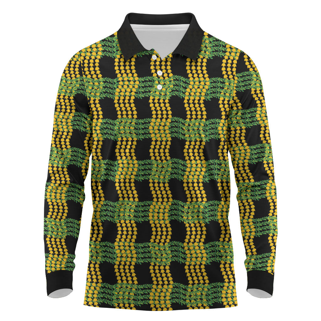 Aloha Hawaii Ilima Maile Lei Long Sleeve Polo Shirt Palaka Inspired Hawaiian-plaid Black