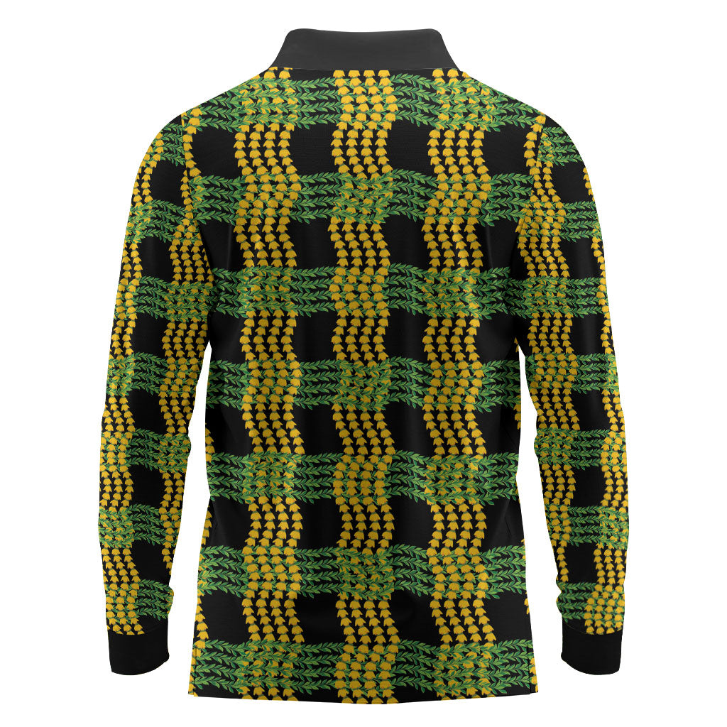 Aloha Hawaii Ilima Maile Lei Long Sleeve Polo Shirt Palaka Inspired Hawaiian-plaid Black