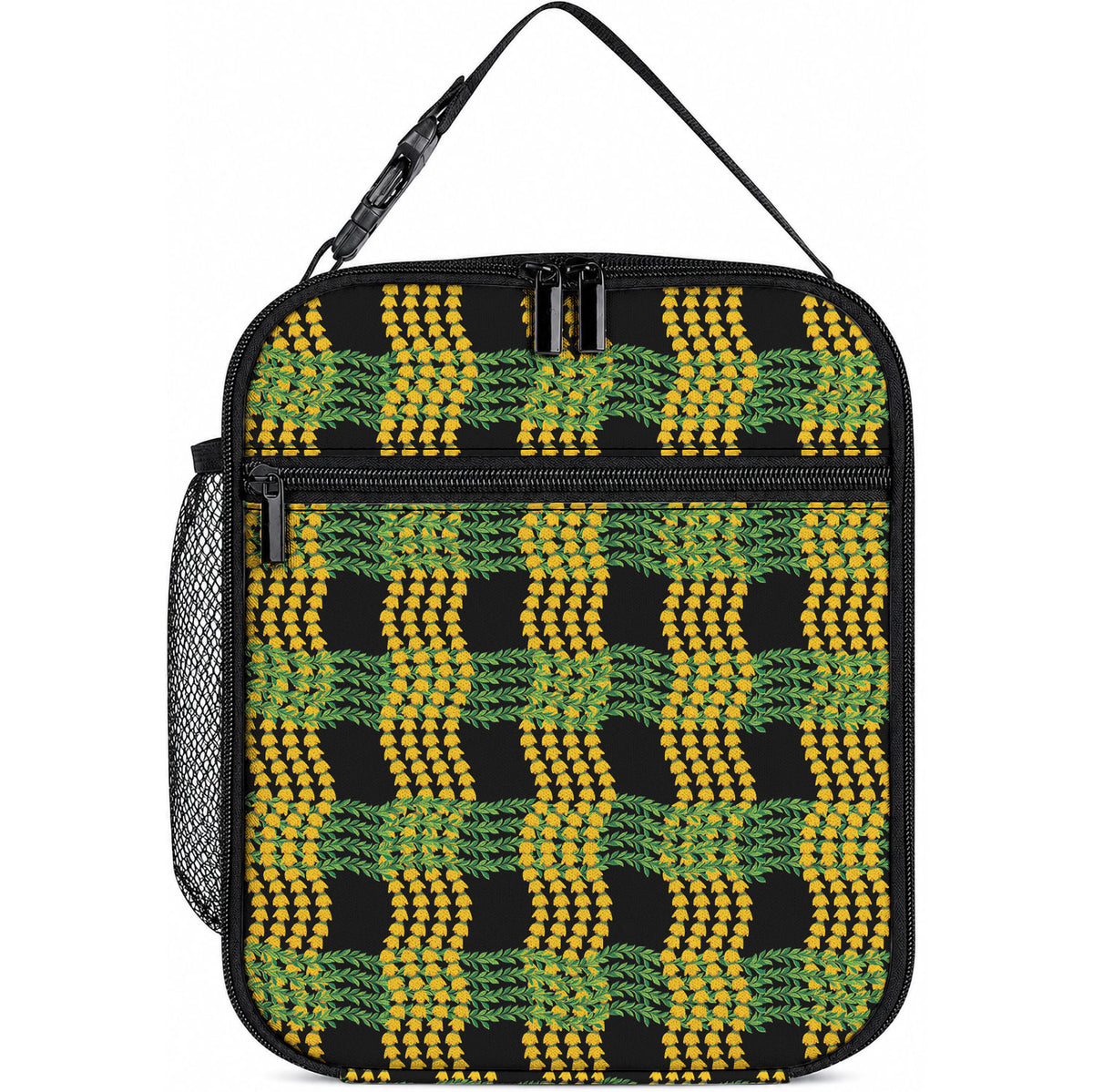 Aloha Hawaii Ilima Maile Lei Lunch Bag Palaka Inspired Hawaiian-plaid Black