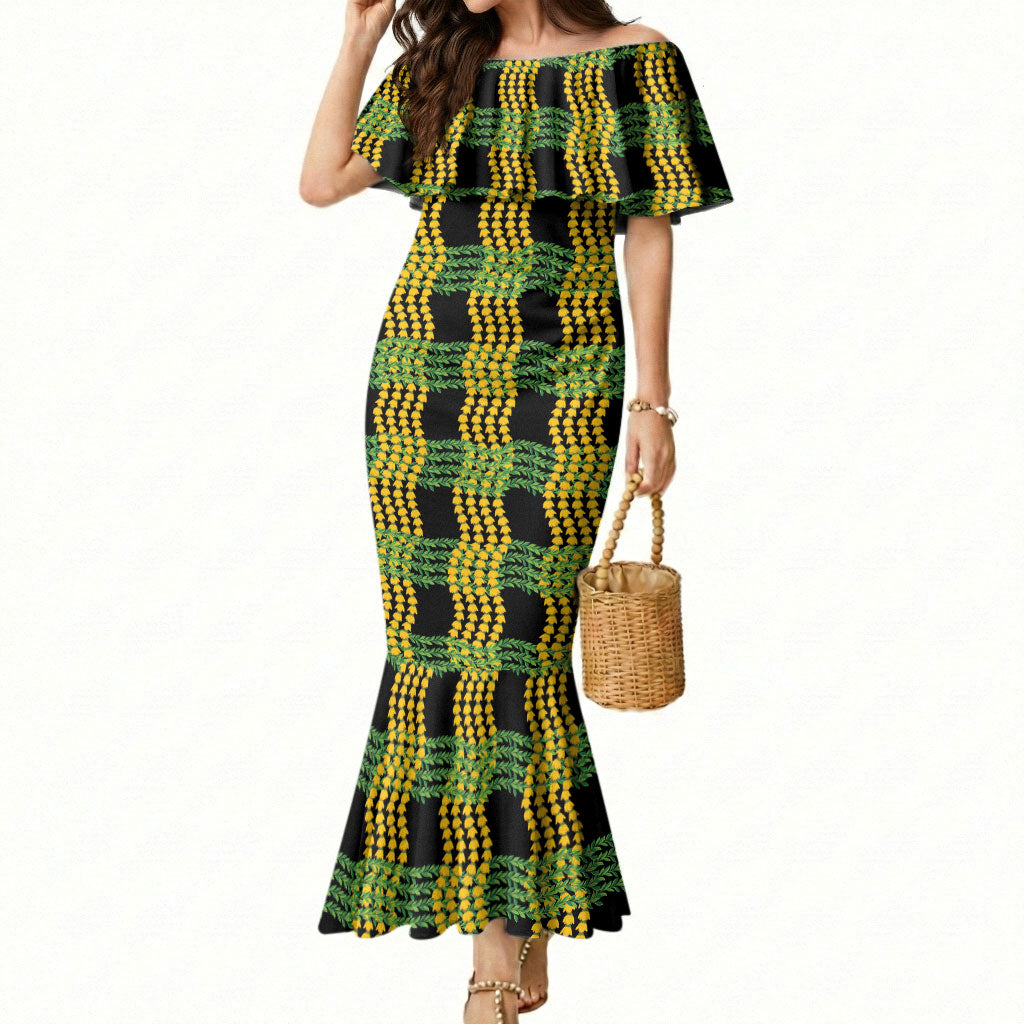 Aloha Hawaii Ilima Maile Lei Mermaid Dress Palaka Inspired Hawaiian-plaid Black