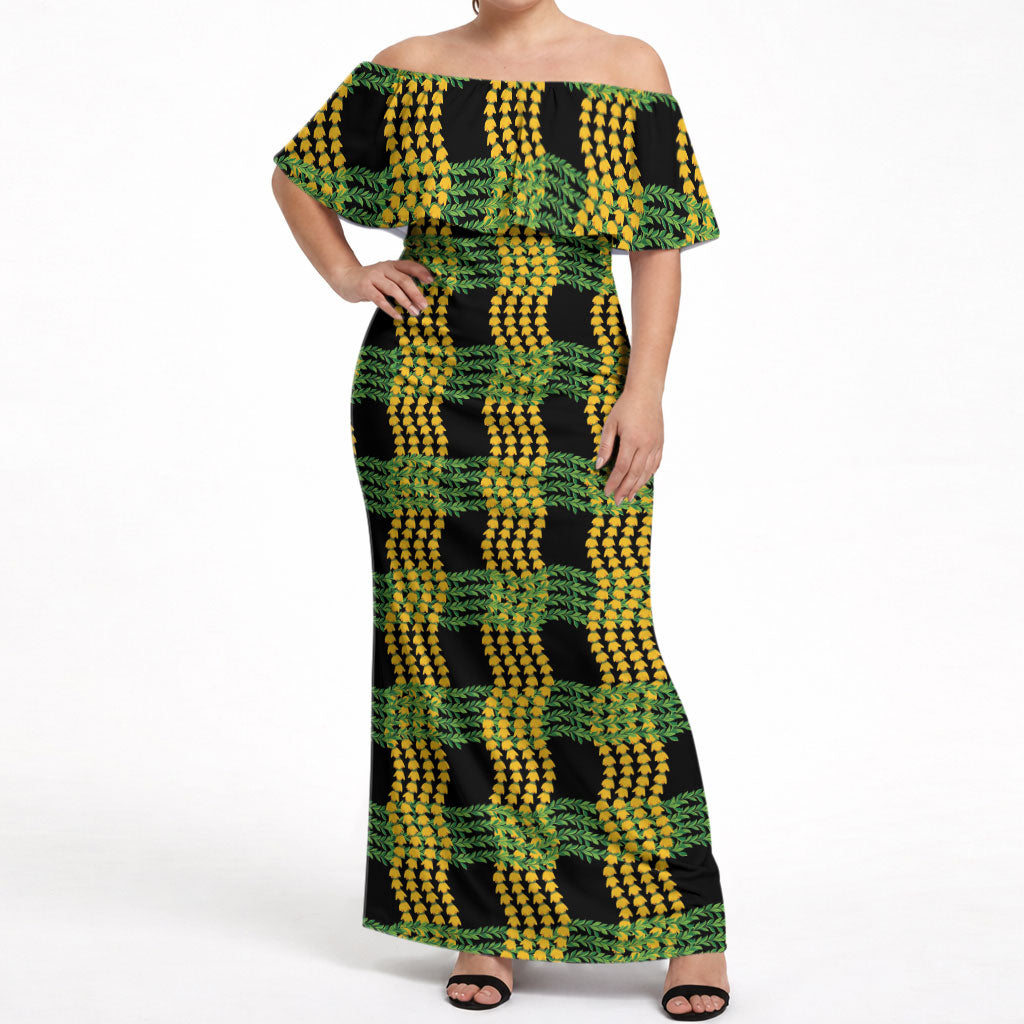 Aloha Hawaii Ilima Maile Lei Off Shoulder Maxi Dress Palaka Inspired Hawaiian-plaid Black