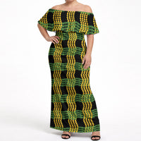 Aloha Hawaii Ilima Maile Lei Off Shoulder Maxi Dress Palaka Inspired Hawaiian-plaid Black