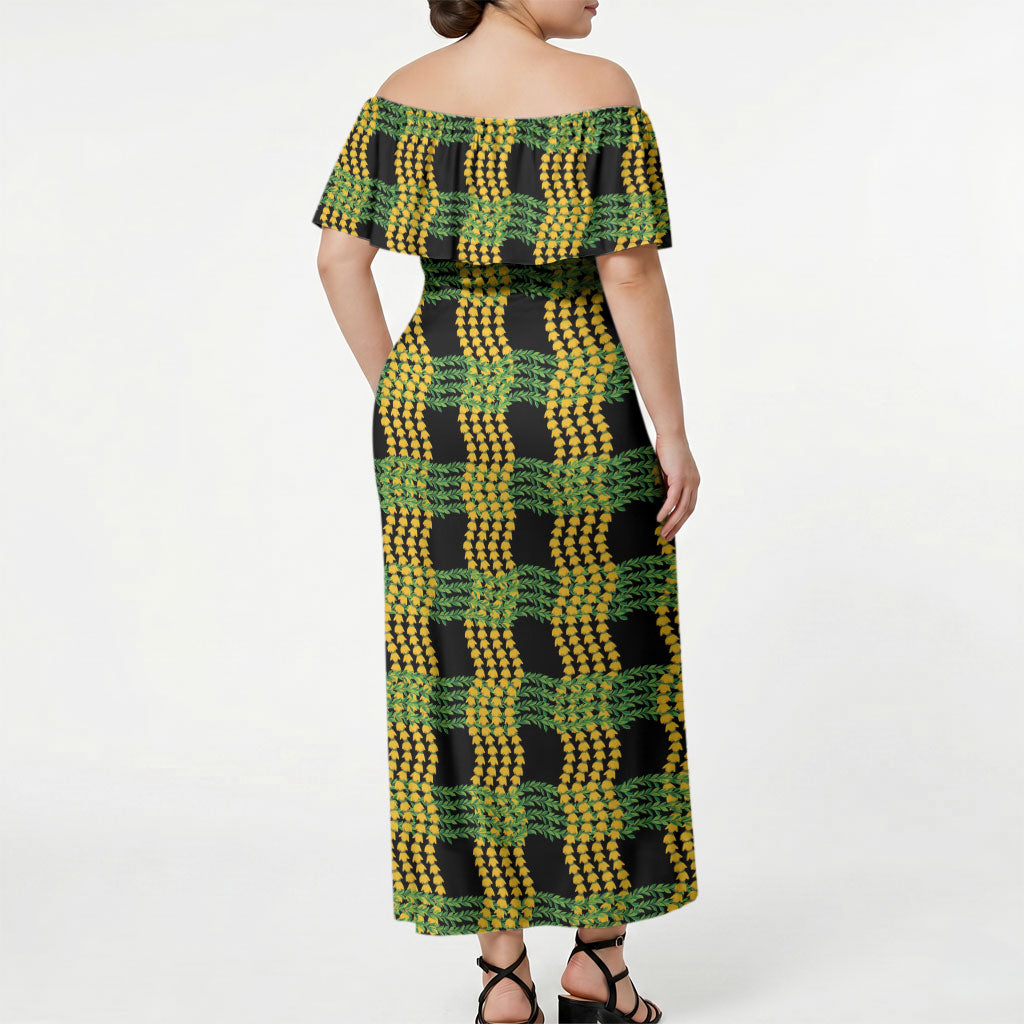 Aloha Hawaii Ilima Maile Lei Off Shoulder Maxi Dress Palaka Inspired Hawaiian-plaid Black