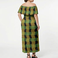 Aloha Hawaii Ilima Maile Lei Off Shoulder Maxi Dress Palaka Inspired Hawaiian-plaid Black