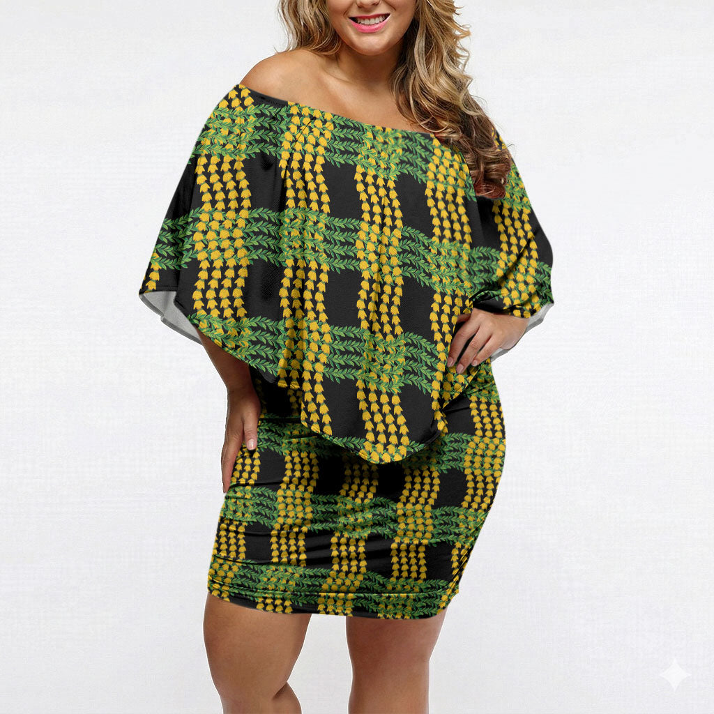 Aloha Hawaii Ilima Maile Lei Off Shoulder Short Dress Palaka Inspired Hawaiian-plaid Black