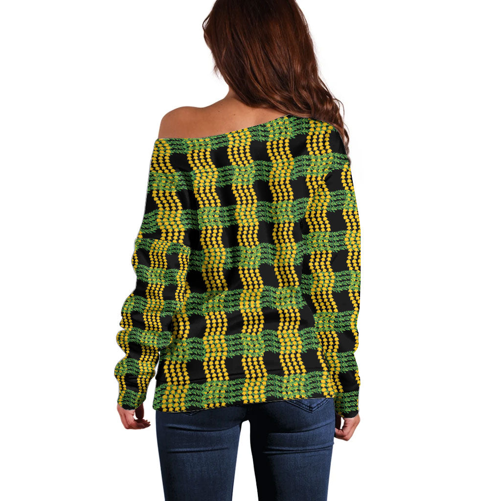 Aloha Hawaii Ilima Maile Lei Off Shoulder Sweater Palaka Inspired Hawaiian-plaid Black