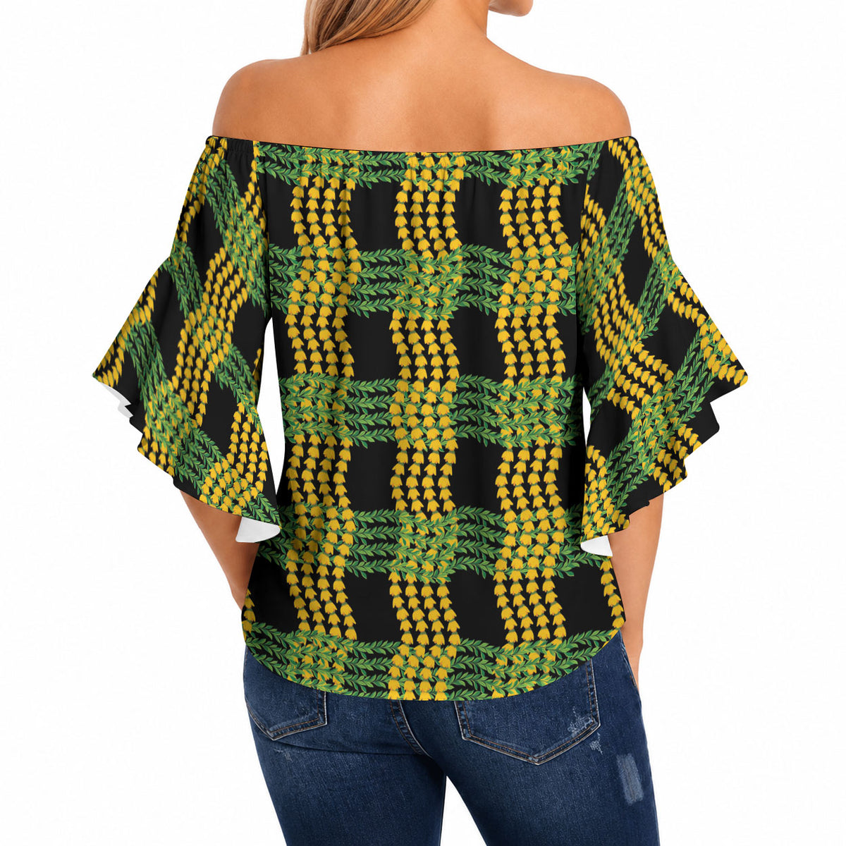 Aloha Hawaii Ilima Maile Lei Off Shoulder Wrap Waist Top Palaka Inspired Hawaiian-plaid Black