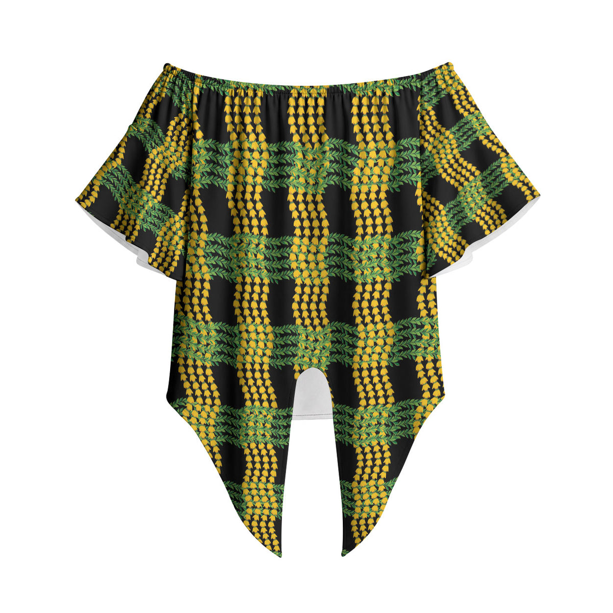 Aloha Hawaii Ilima Maile Lei Off Shoulder Wrap Waist Top Palaka Inspired Hawaiian-plaid Black