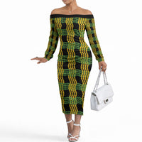Aloha Hawaii Ilima Maile Lei Off The Shoulder Long Sleeve Dress Palaka Inspired Hawaiian-plaid Black