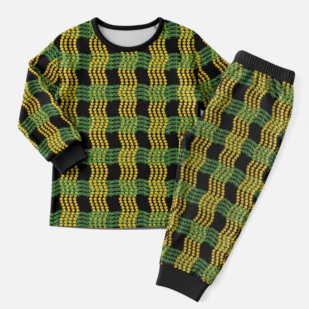 Aloha Hawaii Ilima Maile Lei Christmas Pajama Set Palaka Inspired Hawaiian-plaid Black