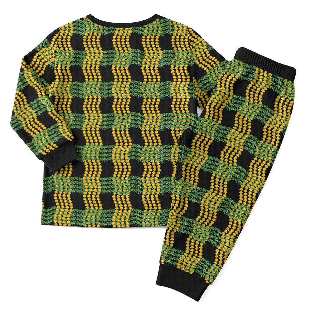 Aloha Hawaii Ilima Maile Lei Christmas Pajama Set Palaka Inspired Hawaiian-plaid Black