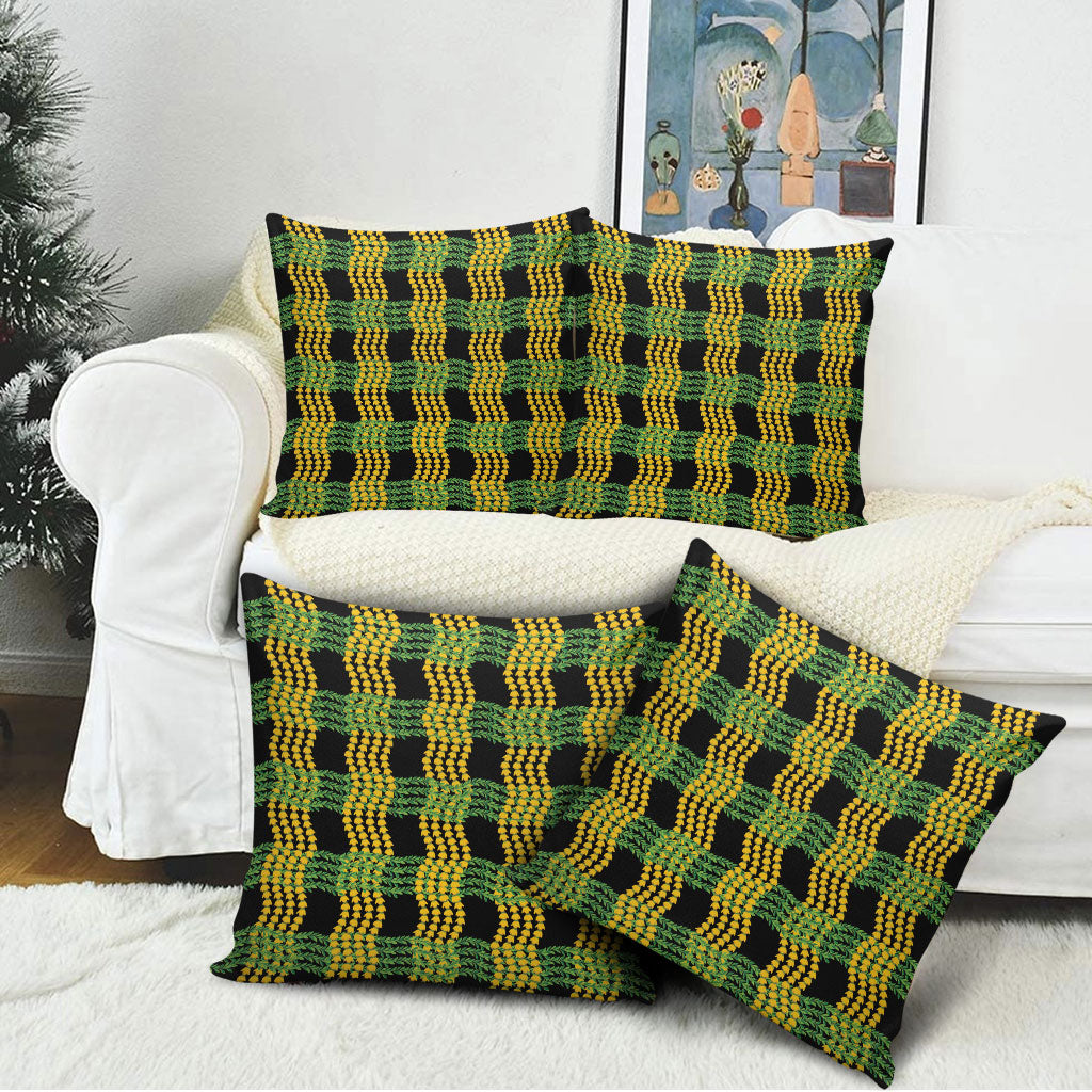 Aloha Hawaii Ilima Maile Lei Pillow Cover Palaka Inspired Hawaiian-plaid Black