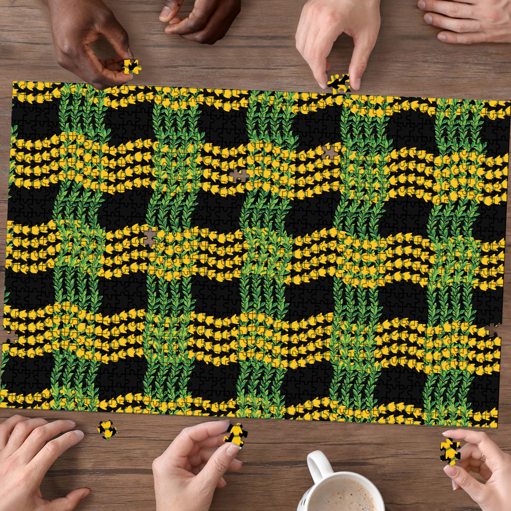 Aloha Hawaii Ilima Maile Lei Puzzle Palaka Inspired Hawaiian-plaid Black