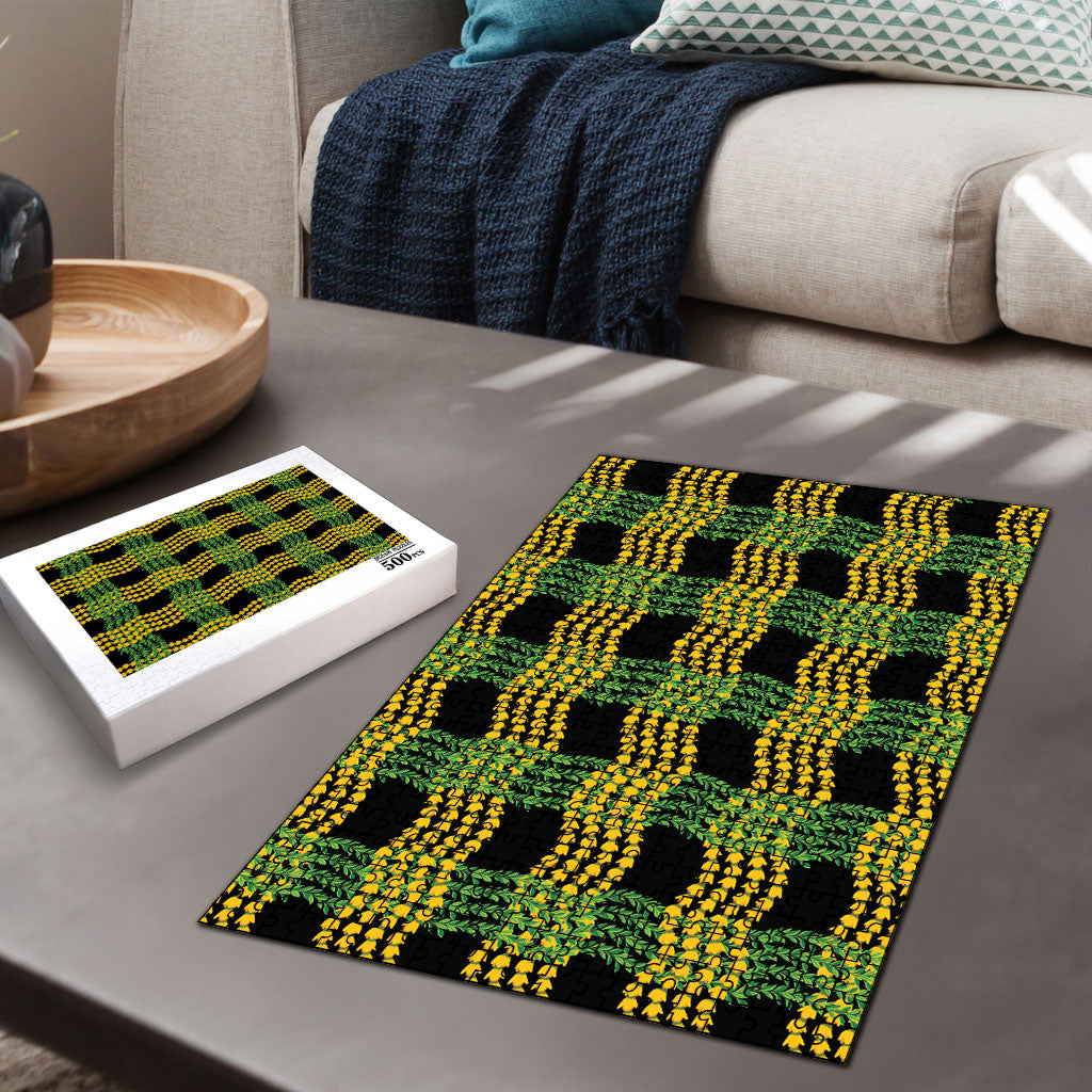 Aloha Hawaii Ilima Maile Lei Puzzle Palaka Inspired Hawaiian-plaid Black