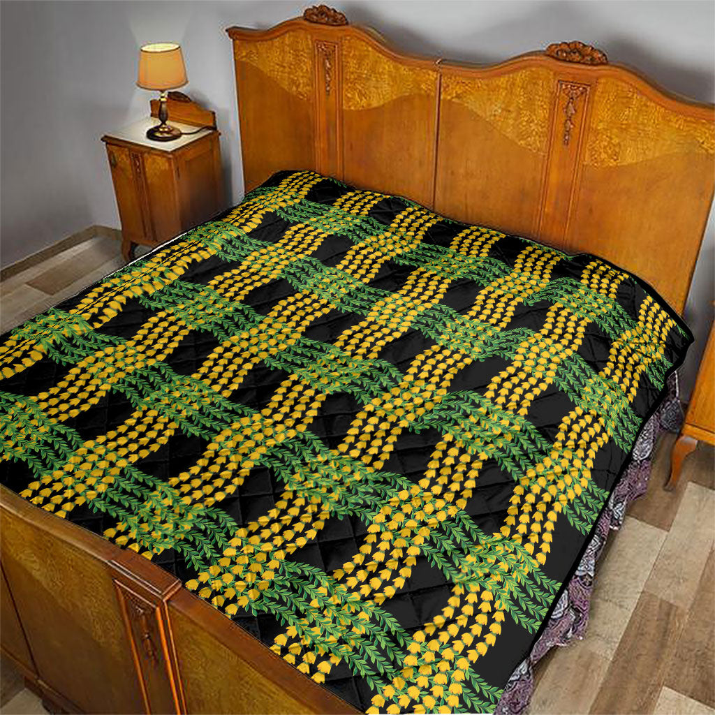 Aloha Hawaii Ilima Maile Lei Quilt Palaka Inspired Hawaiian-plaid Black
