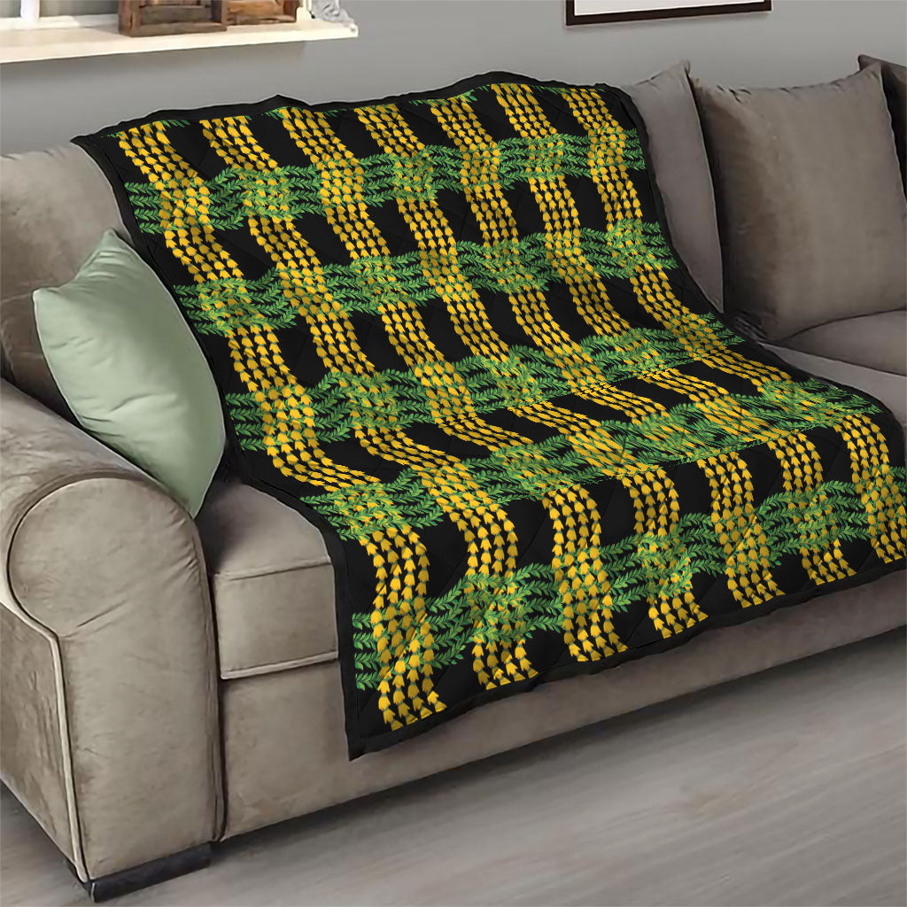 Aloha Hawaii Ilima Maile Lei Quilt Palaka Inspired Hawaiian-plaid Black