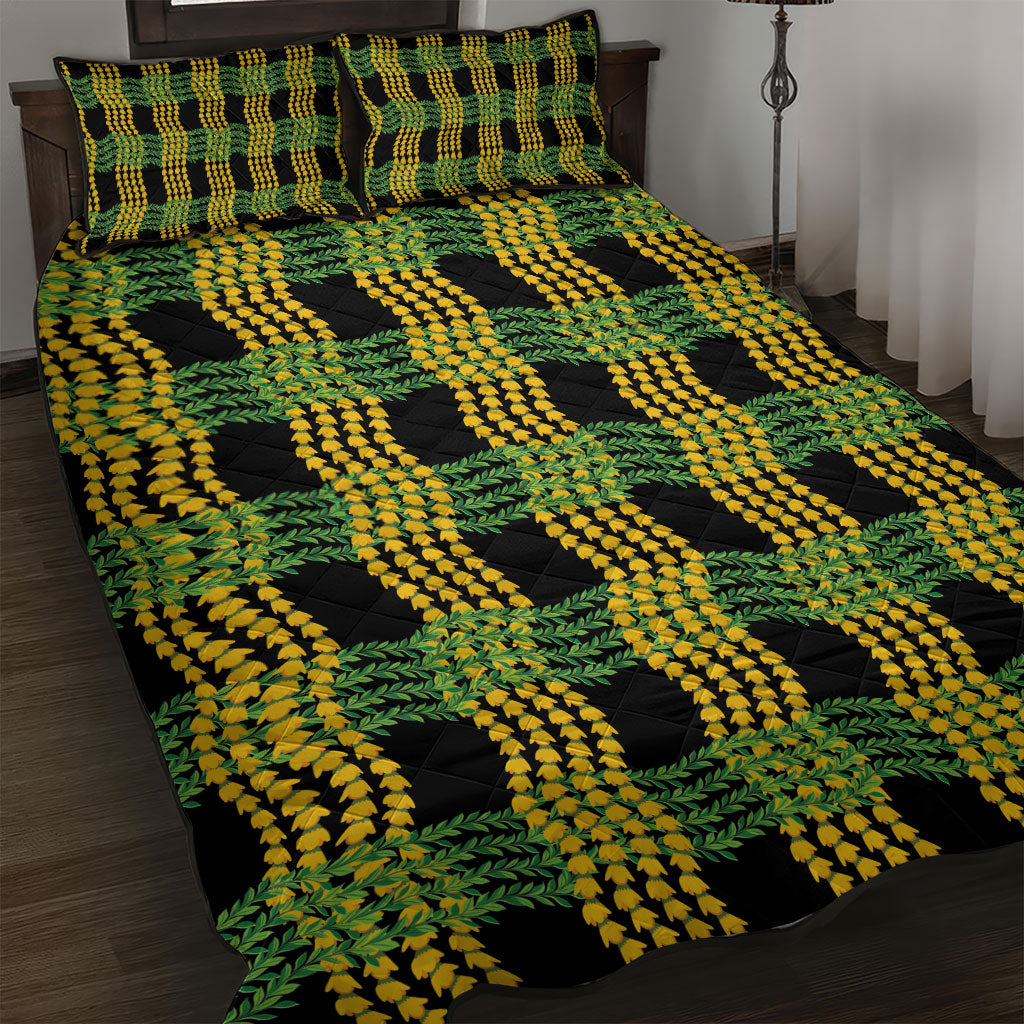 Aloha Hawaii Ilima Maile Lei Quilt Bed Set Palaka Inspired Hawaiian-plaid Black LT14 Black - Polynesian Pride