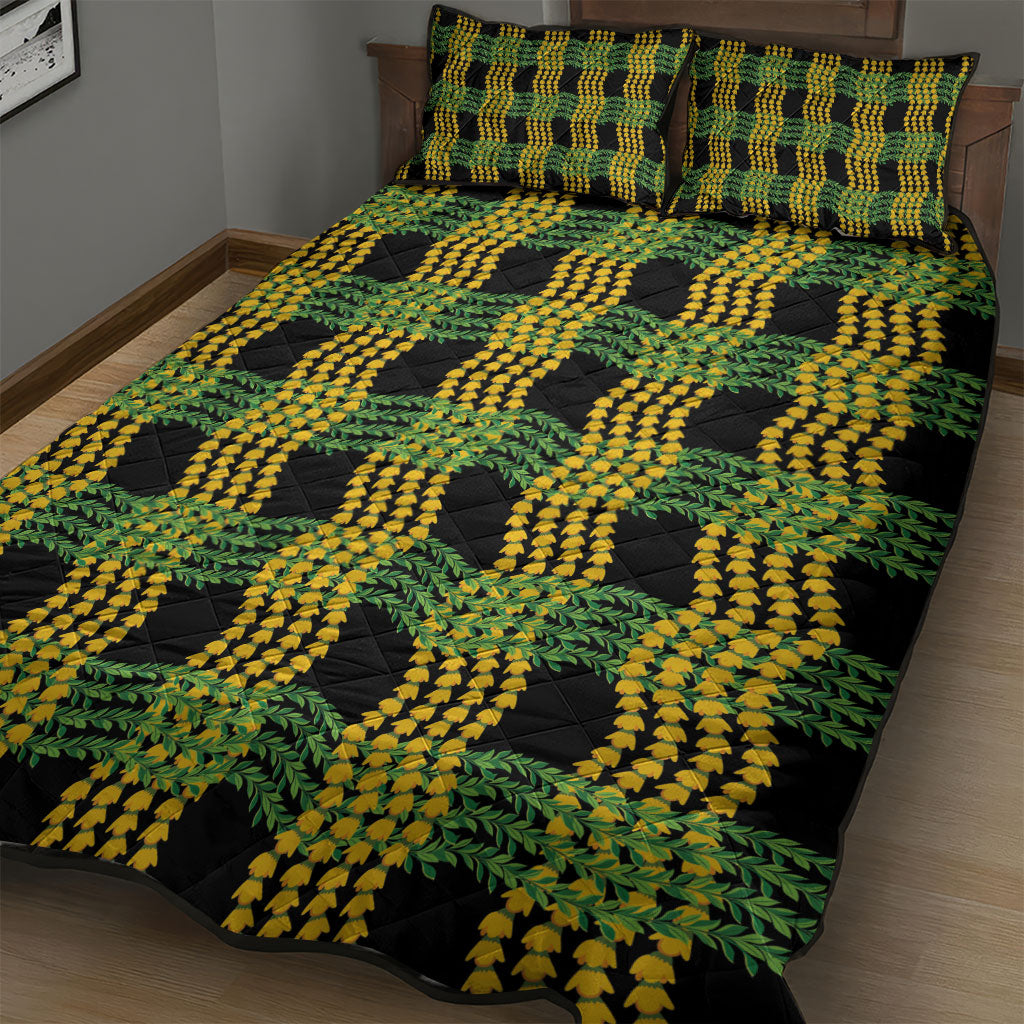 Aloha Hawaii Ilima Maile Lei Quilt Bed Set Palaka Inspired Hawaiian-plaid Black