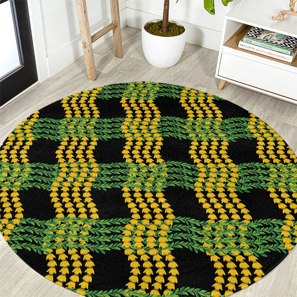 Aloha Hawaii Ilima Maile Lei Round Carpet Palaka Inspired Hawaiian-plaid Black