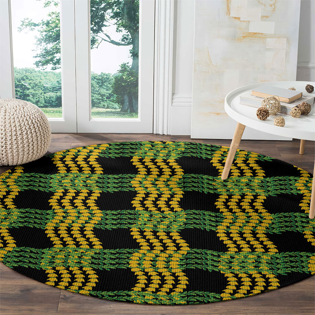 Aloha Hawaii Ilima Maile Lei Round Carpet Palaka Inspired Hawaiian-plaid Black