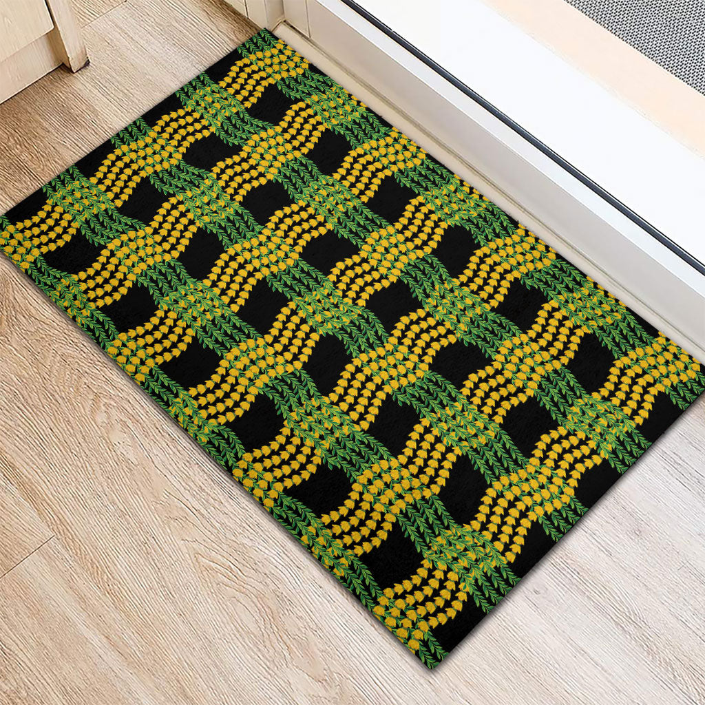 Aloha Hawaii Ilima Maile Lei Rubber Doormat Palaka Inspired Hawaiian-plaid Black