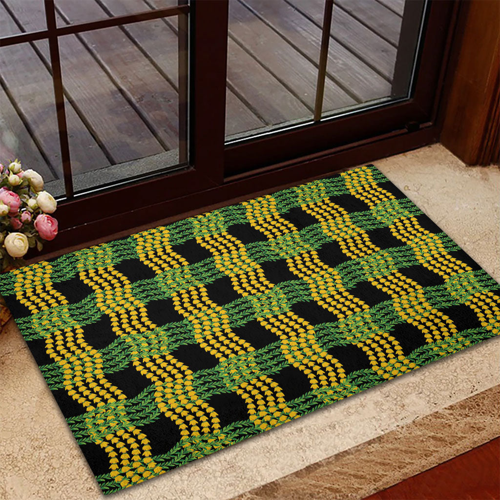 Aloha Hawaii Ilima Maile Lei Rubber Doormat Palaka Inspired Hawaiian-plaid Black